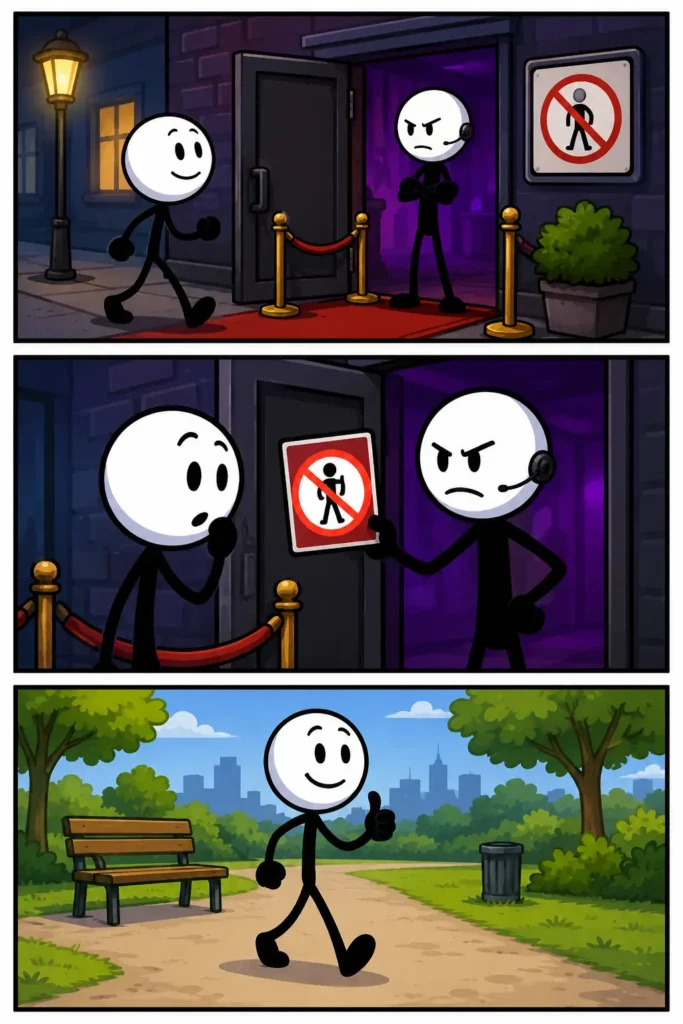 Uitgesloten – Een stickman probeert een gebouw binnen te gaan, krijgt geen toegang en loopt daarna rustig en tevreden verder in een park.