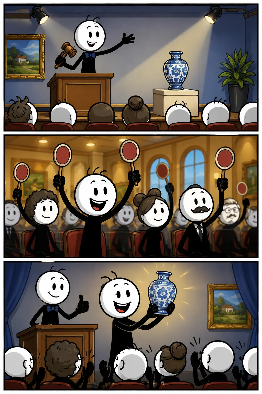 Een Toonwords-strip over Veiling waarin een stickman een waardevol voorwerp veilt, meerdere bieders tegen elkaar opbieden en de winnaar het object trots in ontvangst neemt.