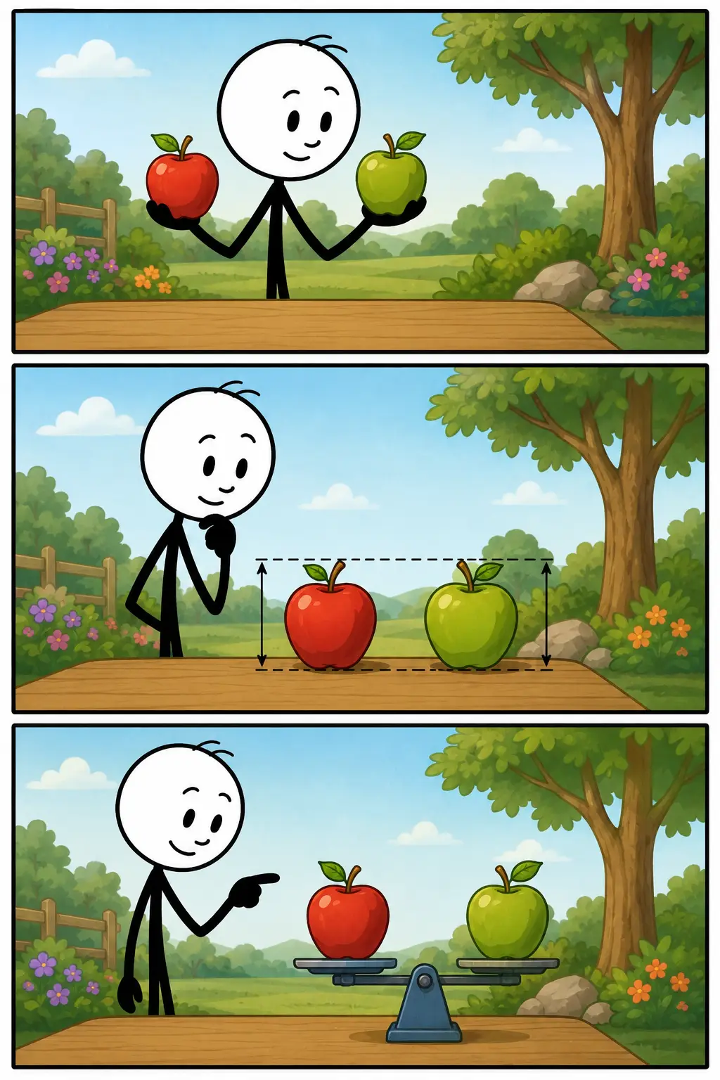 Een Toonwords-strip met drie panelen over vergelijken. Een stickman bekijkt twee appels, vergelijkt hun grootte aandachtig en controleert daarna het verschil met een balans om overeenkomsten en verschillen vast te stellen.
