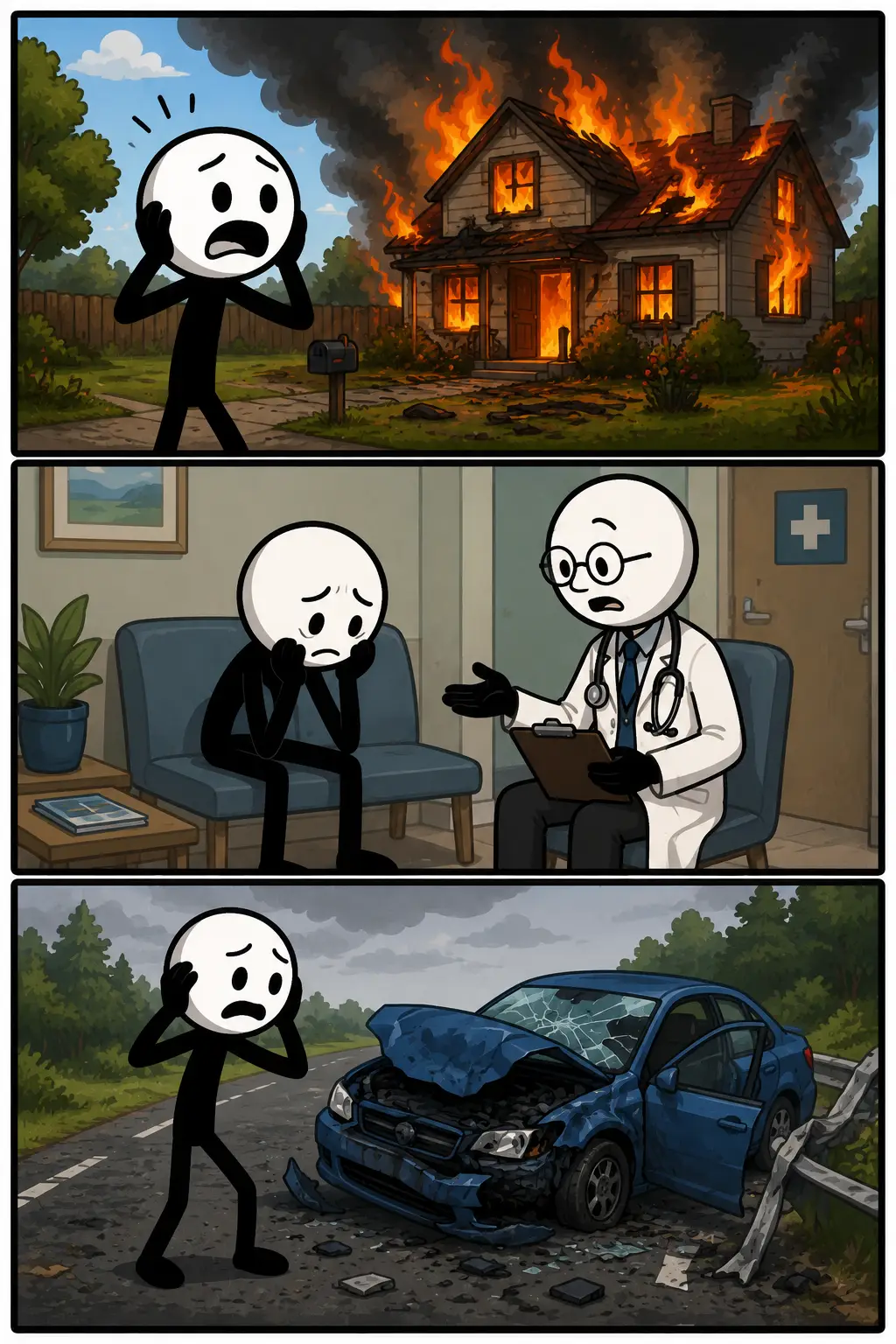 Stripafbeelding in Toonwords-stijl met drie panelen over het woord "Vreselijk". In het eerste paneel schrikt een stickman aan de rand van een hoge klif boven een meer. In het tweede paneel glijdt hij uit over een omgevallen mok met gemorste koffie en water in een woning. In het derde paneel zit hij met een verbonden been ontspannen in een stoel met een warme drank, terwijl hij weer glimlacht. De strip laat zien dat een vreselijke situatie uiteindelijk ook weer voorbij kan gaan.