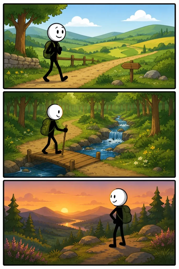 Wandelen in Toonwords-stijl: een vrolijke stickman loopt over een landelijk pad, steekt daarna een houten brug over in een groen bos en geniet uiteindelijk van een prachtig uitzicht tijdens de zonsondergang.