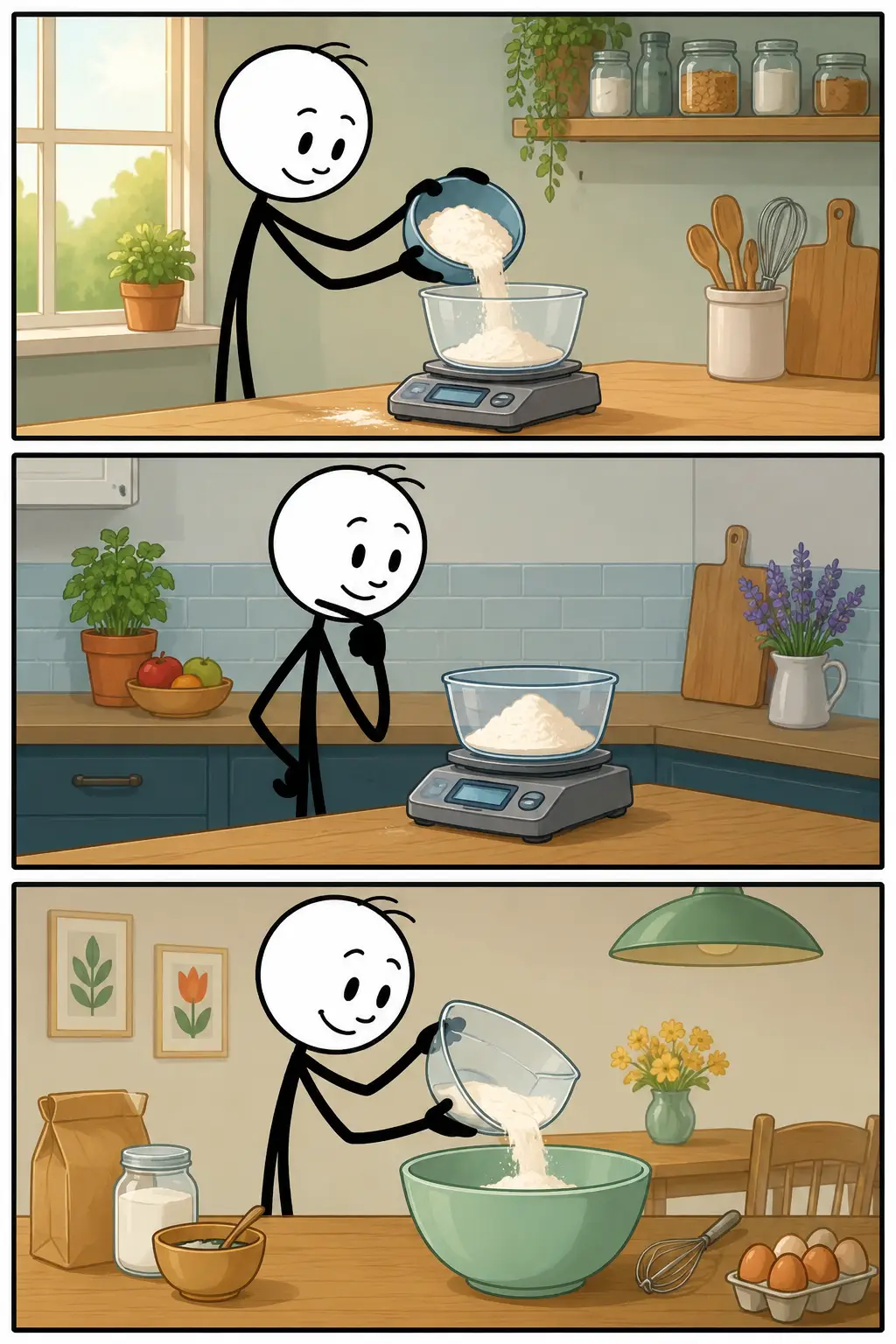 Een Toonwords-strip met drie panelen over wegen. Een stickman gebruikt een digitale keukenweegschaal om een ingrediënt af te wegen, controleert het gewicht en giet daarna de juiste hoeveelheid in een mengkom om verder te gaan met koken of bakken.