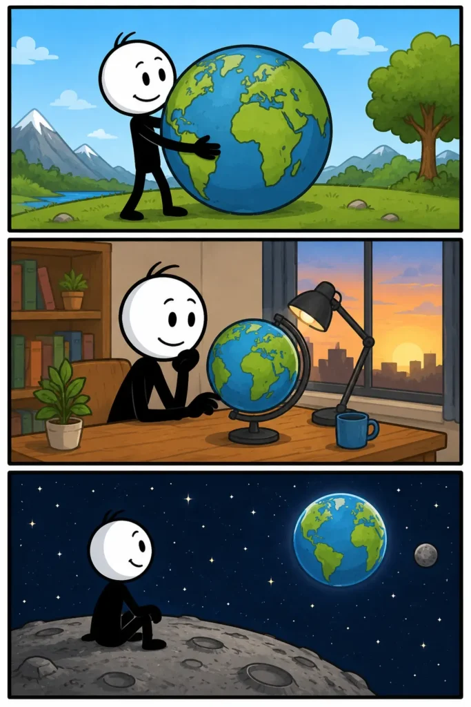 Een stripafbeelding over de wereld waarin de aarde wordt omarmd, bestudeerd met een wereldbol en bewonderd vanuit de ruimte.