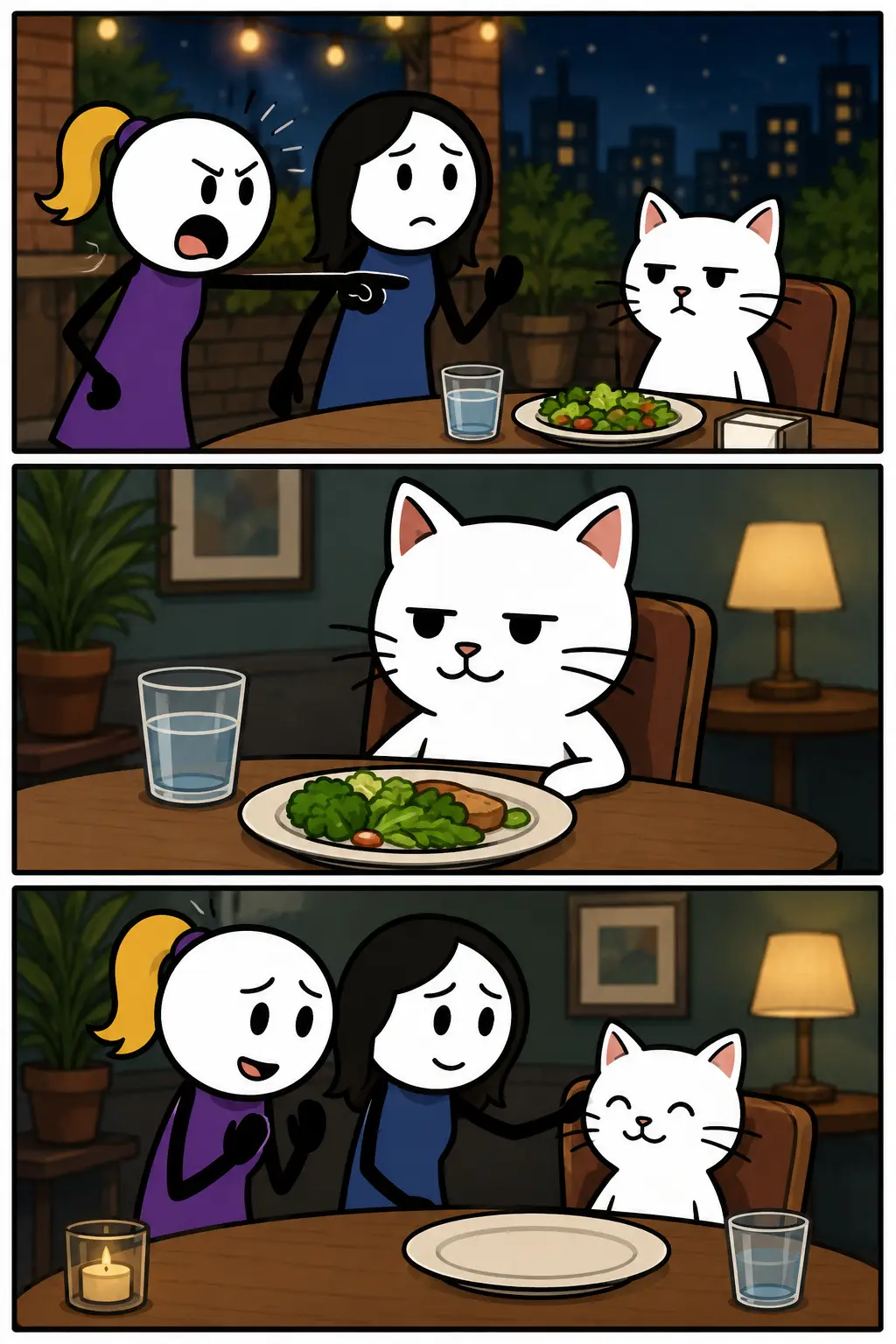 Een kleurrijke Toonwords-strip over de meme Woman Yelling at a Cat met drie panelen waarin een boze vrouw naar een kat wijst, de kat onverschillig blijft en de situatie uiteindelijk eindigt in een vriendelijke verzoening.