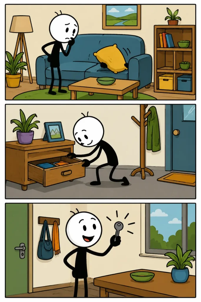 Stripafbeelding van Zoeken in drie panelen: een stickman kijkt rond in een woonkamer, doorzoekt een lade en vindt uiteindelijk met een blije glimlach een sleutel.