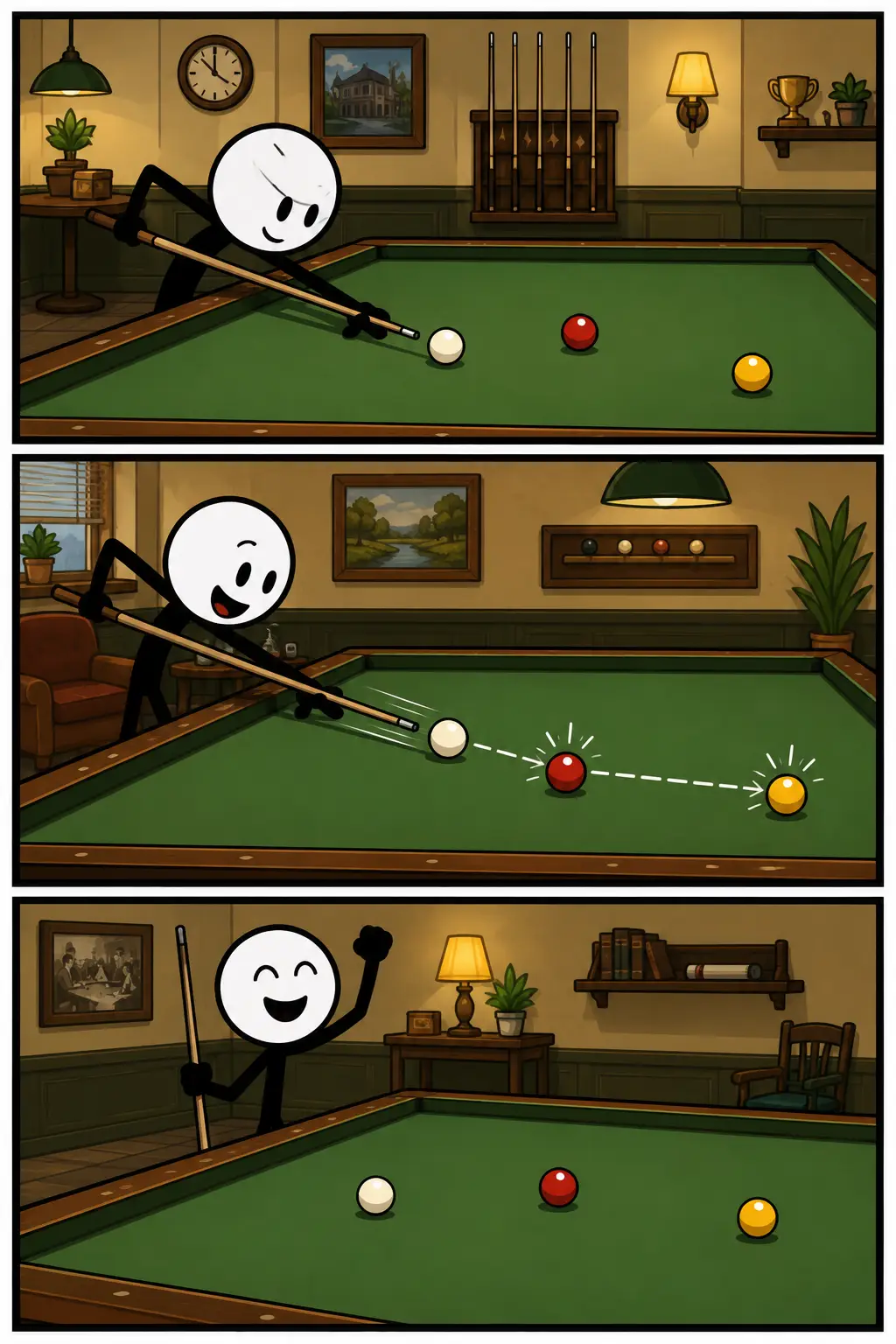 Een Toonwords-strip van biljarten in drie panelen. In het eerste paneel richt een stickman zorgvuldig met een keu op een biljarttafel zonder gaten waarop drie biljartballen liggen. In het tweede paneel raakt de speelbal eerst de rode en daarna de gele bal tijdens een geslaagde carambole. In het derde paneel houdt de stickman tevreden de keu omhoog terwijl de drie ballen verspreid op de tafel liggen. De afbeelding laat de activiteit biljarten stap voor stap zien.