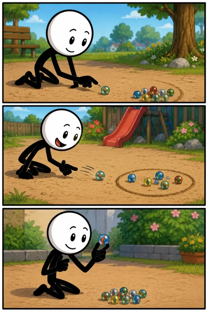 Een Toonwords-stripafbeelding over het woord knikker. Een vrolijk figuur speelt buiten een knikkerspel, rolt een knikker richting een kring met andere knikkers en bekijkt daarna tevreden de gewonnen knikker.