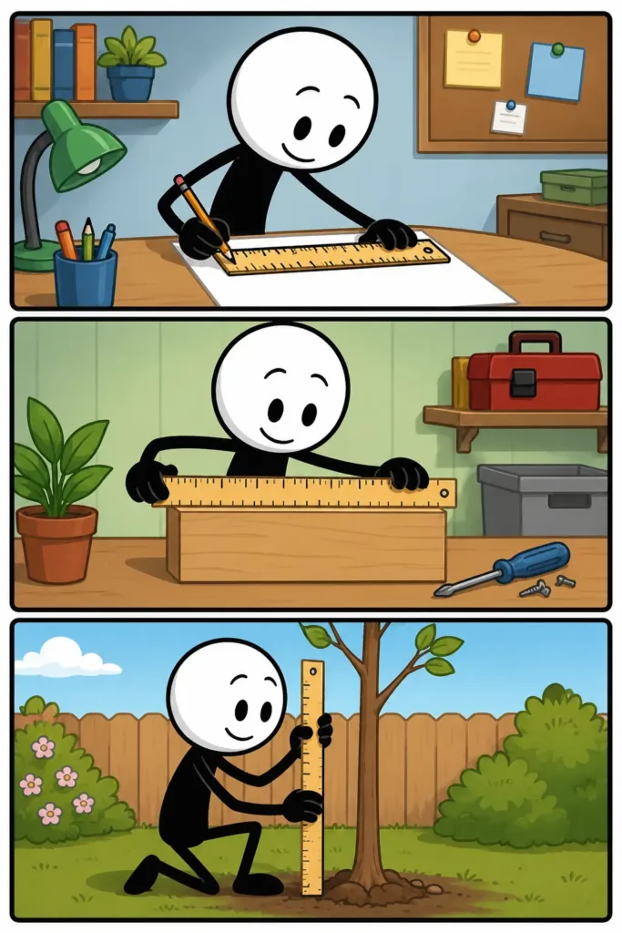 Een vrolijke stripafbeelding van een stickman die een liniaal gebruikt om een lijn te tekenen, een houten kist op te meten en de dikte van een boom te controleren in drie verschillende kleurrijke omgevingen.