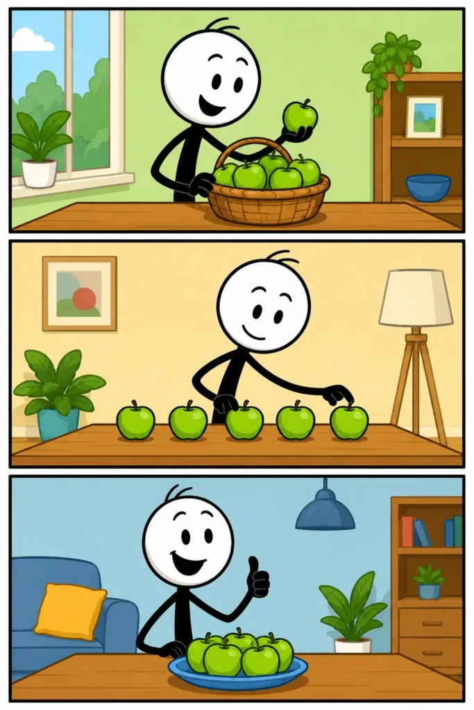 Strip over het begrip aantal, waarin appels eerst samen in een mand liggen, daarna afzonderlijk worden geteld en uiteindelijk als bepaalde hoeveelheid bij elkaar worden geplaatst.