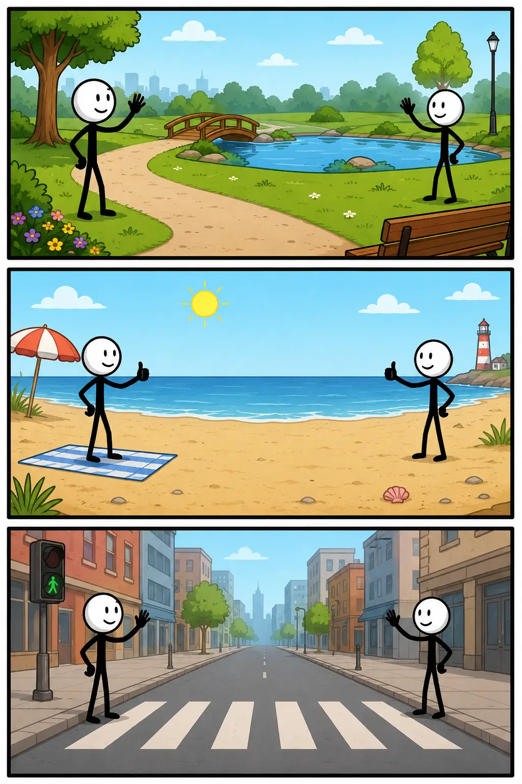 Een kleurrijke strip in drie panelen toont het begrip afstand. In een park, op een strand en in een rustige straat staan personen steeds op duidelijke afstand van elkaar terwijl ze vriendelijk naar elkaar zwaaien of een duim opsteken. De verschillende locaties laten zien dat afstand in allerlei situaties een rol kan spelen.