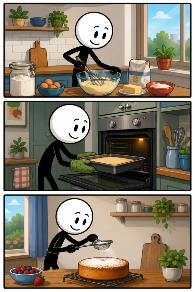Bakken – een stripafbeelding in drie panelen waarin een stickman beslag maakt, een bakvorm in de oven schuift en een versgebakken taart afwerkt met poedersuiker.