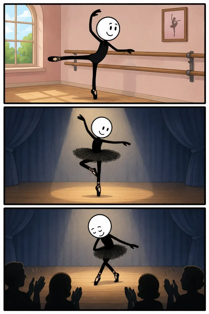 Ballet in drie momenten: een danseres oefent sierlijke bewegingen aan de barre, voert een elegante houding uit op het podium en buigt na haar optreden voor het applaudisserende publiek.