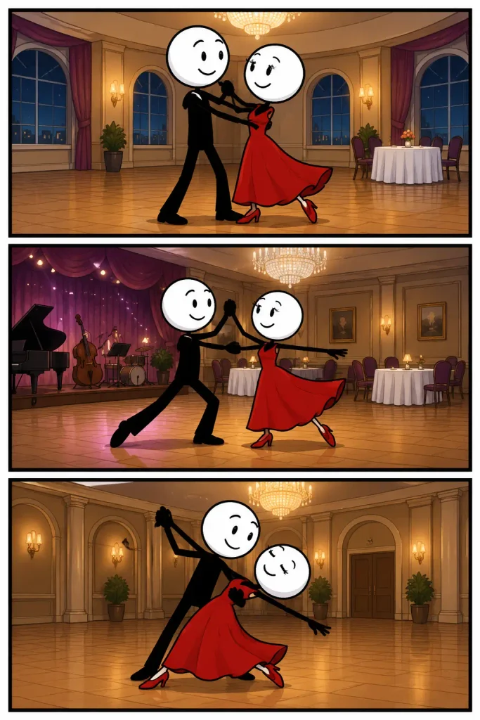 Ballroomdans in drie scènes waarin een danspaar elegant door een sfeervolle balzaal beweegt, samen draait en de dans afsluit met een sierlijke dip.