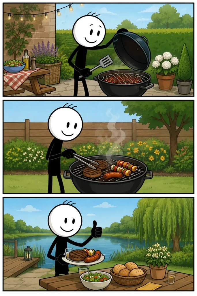 Barbecueën: een vrolijke stripafbeelding in drie panelen waarop iemand een barbecue voorbereidt, vlees en groentespiesjes grilt en daarna trots geniet van een heerlijke maaltijd in een sfeervolle buitenomgeving.