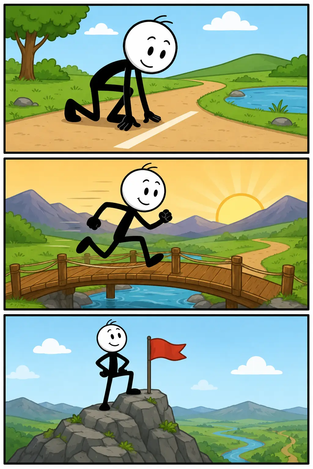 Strip over het begrip begin, waarin een tocht bij een startlijn aanvangt, de beweging op gang komt en de route verder door het landschap voert.