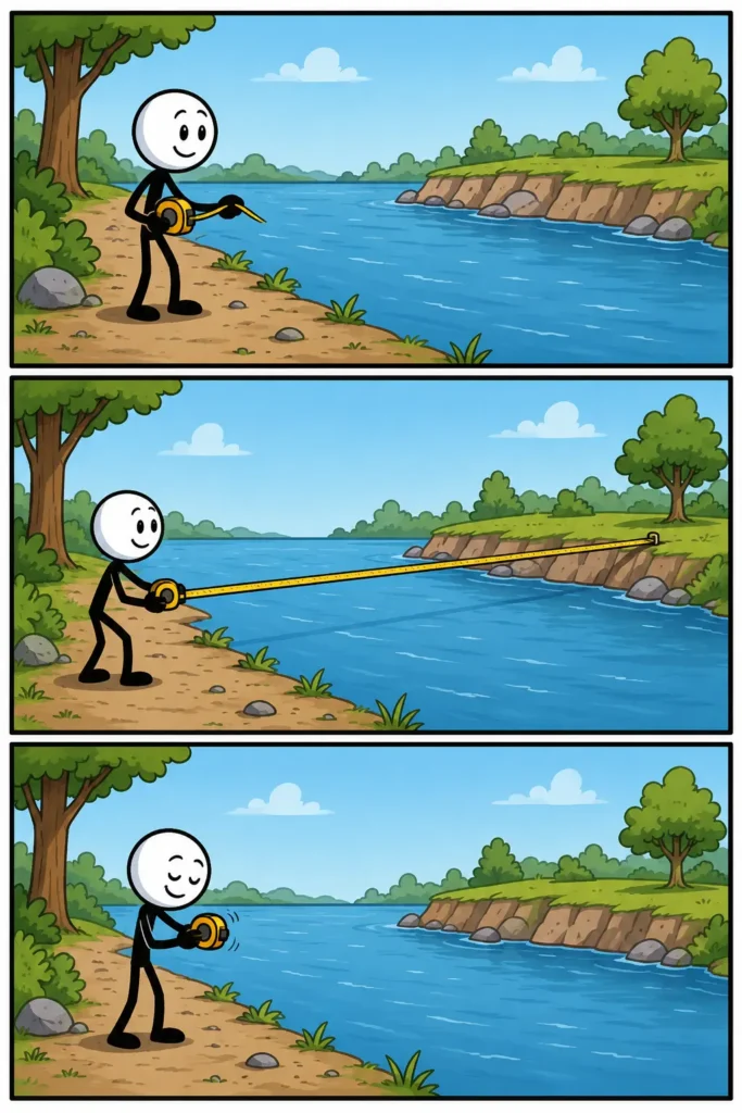 Een driedelige strip waarin de breedte van een rivier met een meetlint van de ene oever naar de andere wordt gemeten.