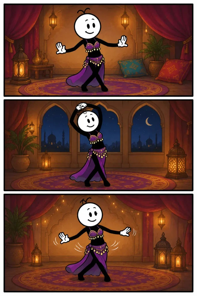 Strip over buikdans met drie verschillende danshoudingen in een sfeervolle ruimte met warme lantaarns, sierlijke bogen, kleurrijke tapijten en een kostuum met paarse en gouden versieringen.