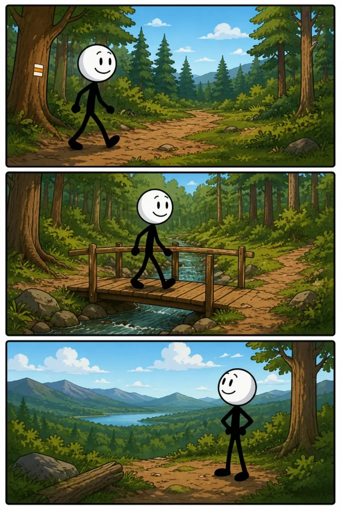 Wandeling in het bos: een vrolijke wandelaar loopt over een bospad, steekt een houten brug over en geniet daarna van een prachtig uitzicht over een groen natuurgebied.