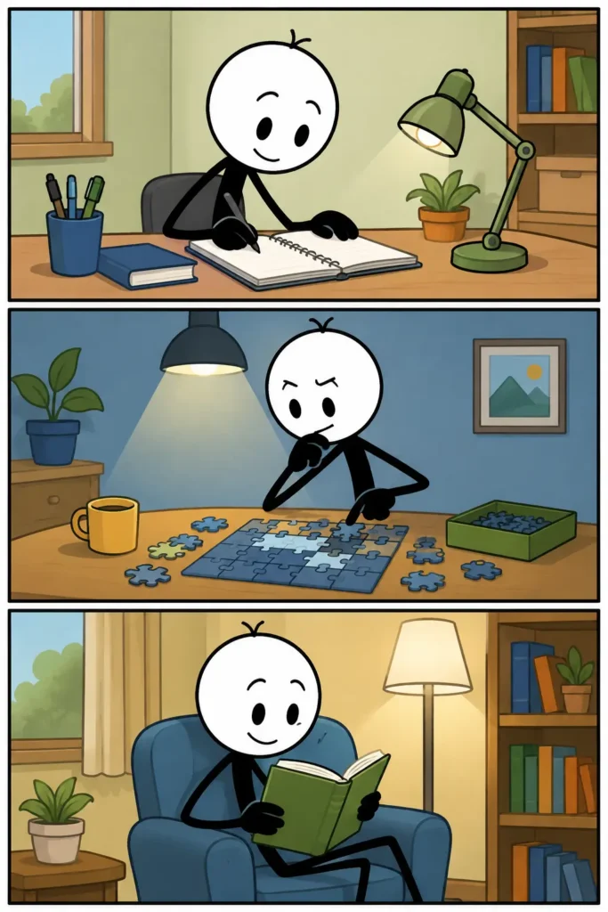 Een kleurrijke strip over concentratie waarin aandachtig schrijven, puzzelen en lezen verschillende vormen van gerichte aandacht laten zien.