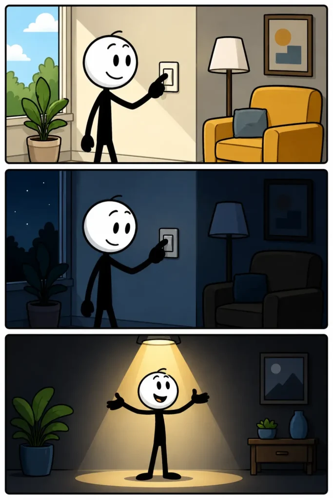Strip met drie panelen over contrast: een lichte kamer overdag, dezelfde donkere kamer 's nachts en een fel verlichte persoon tegen een donkere achtergrond.