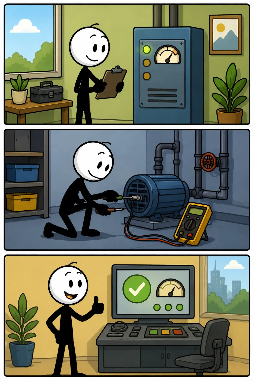Strip met drie panelen over controle: eerst wordt apparatuur gecontroleerd, daarna zorgvuldig doorgemeten en ten slotte wordt bevestigd dat alles correct functioneert.