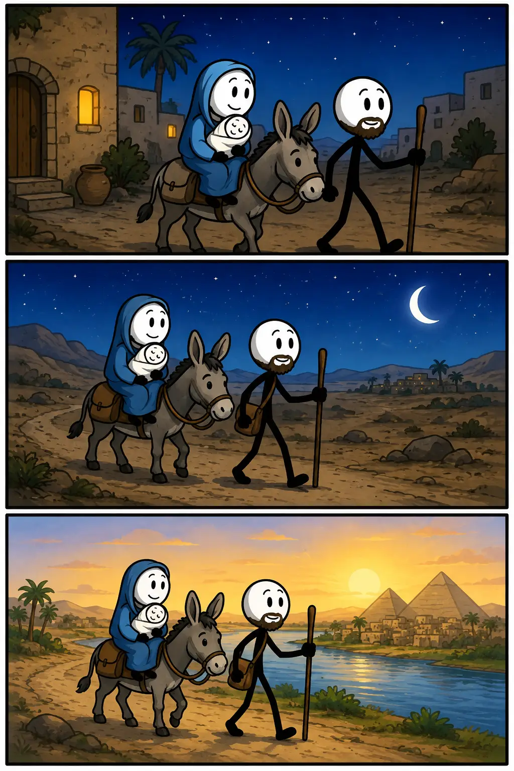 De vlucht naar Egypte in drie panelen: Jozef reist met Maria en het kind Jezus op een ezel door de nachtelijke woestijn richting Egypte.