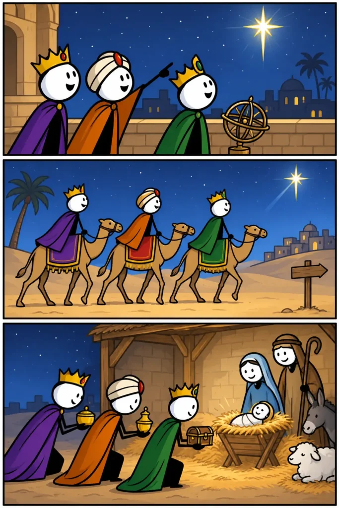De wijzen uit het oosten reizen samen met geschenken naar Bethlehem, geleid door een heldere ster aan de nachtelijke hemel.