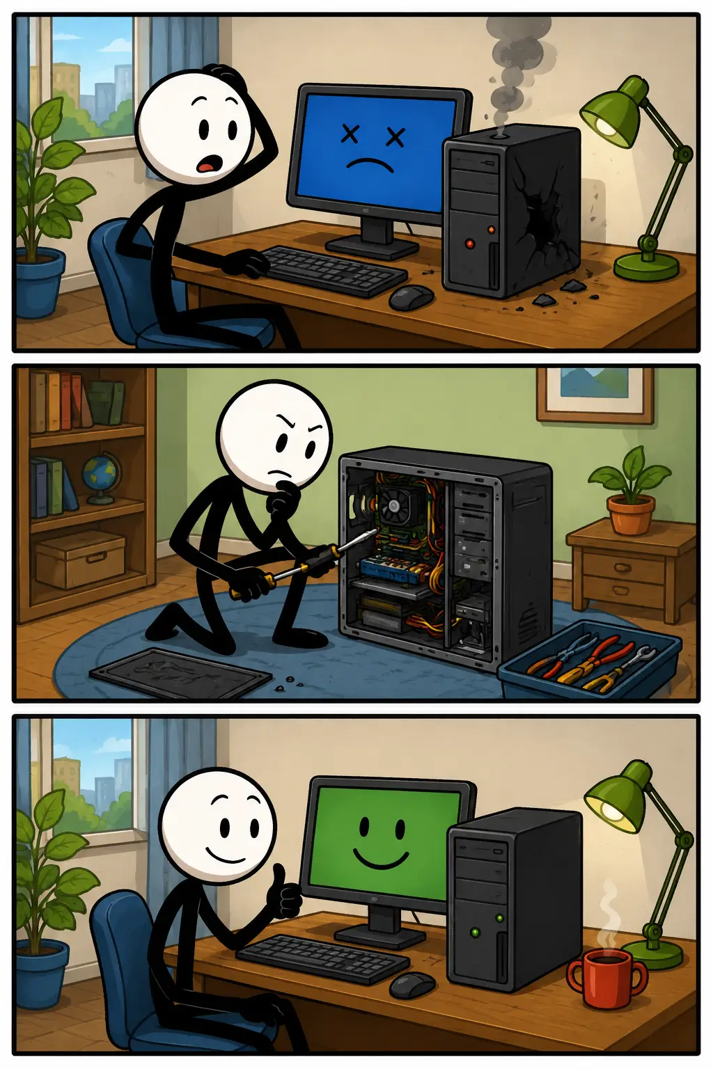 Defect: een strip in drie panelen waarin een stickman ontdekt dat een computer defect is, het apparaat onderzoekt en repareert, waarna alles weer goed werkt.