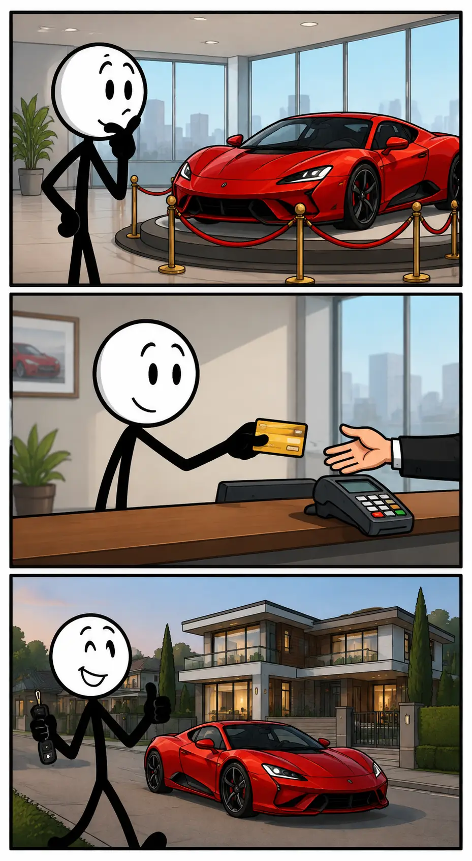Strip over duur waarin een man een luxe rode sportwagen bewondert, ervoor betaalt en daarna trots met de kostbare auto voor een groot modern huis staat.