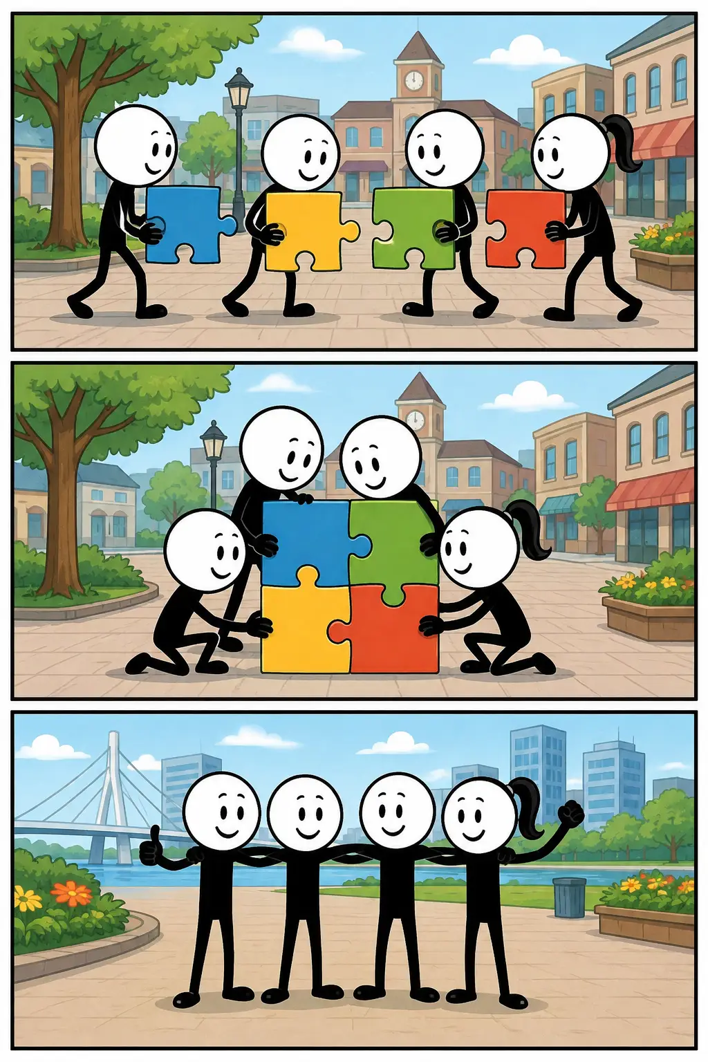 Strip over eenheid waarin vier personen ieder een puzzelstuk meenemen, de stukken samenvoegen tot één geheel en daarna verbonden naast elkaar staan.