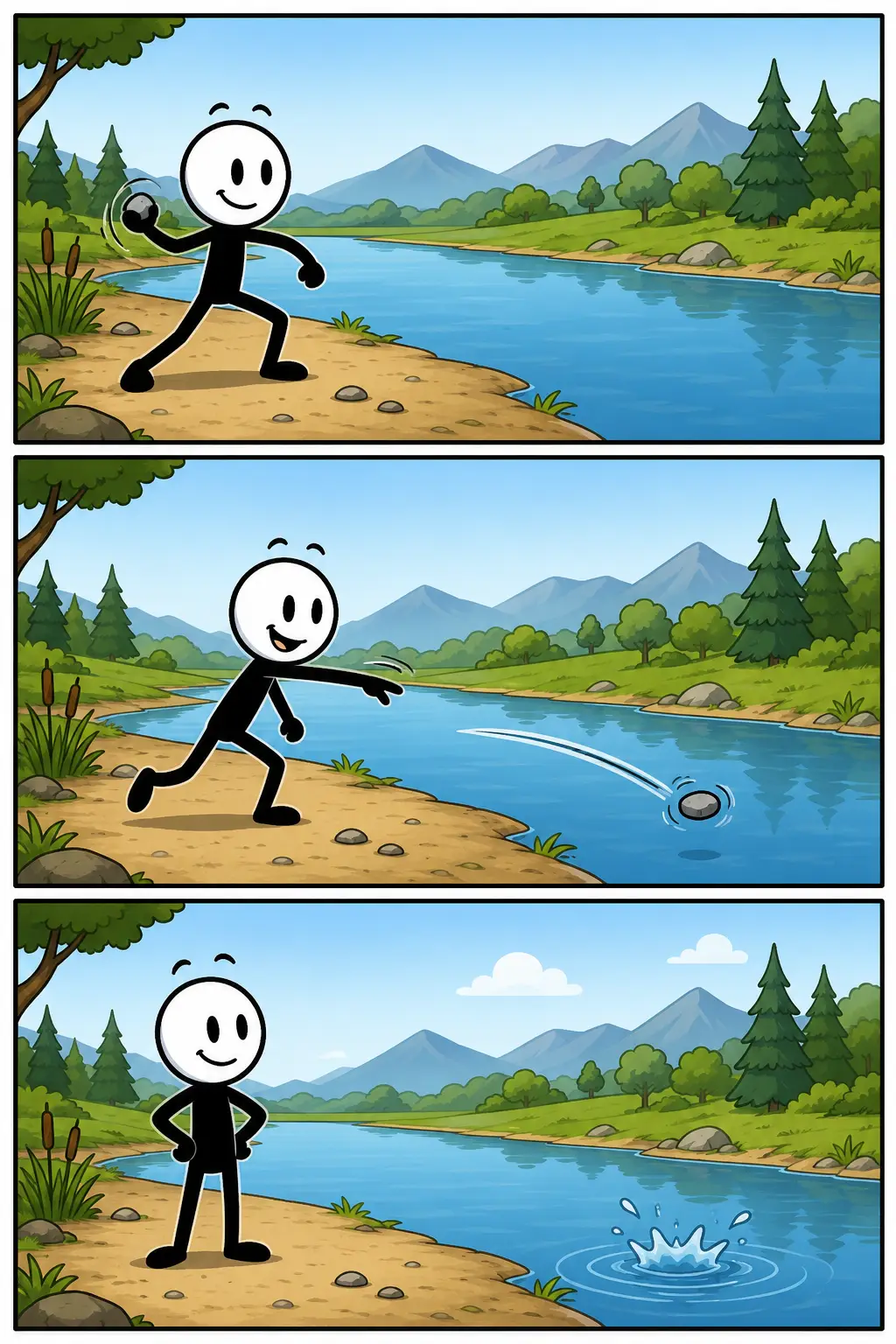 Een vrolijke figuur gooit een steen over een rustig bergmeer; de worp veroorzaakt uiteindelijk een plons en kringen in het water als zichtbaar effect.