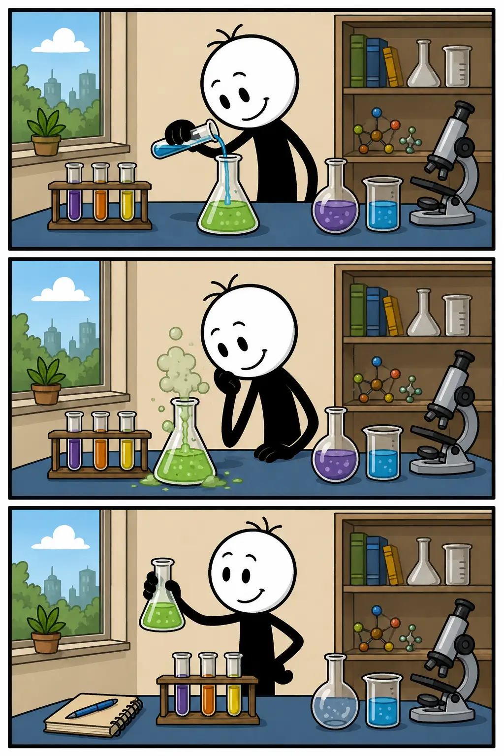 Een kleurrijke Toonwords-strip in drie panelen over experimenteren. In een laboratorium worden verschillende vloeistoffen gemengd, ontstaat een bruisende reactie en wordt het geslaagde resultaat trots bekeken tussen reageerbuizen, kolven en andere laboratoriumspullen.