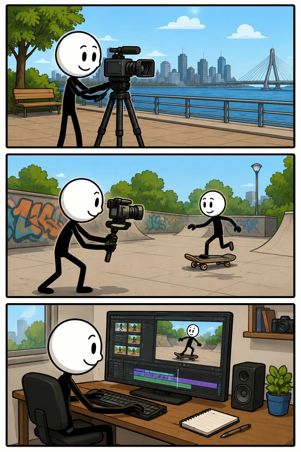 Filmen – een stripafbeelding in drie panelen waarin een stickman met een videocamera verschillende opnames maakt en daarna de beelden op een computer monteert in een nieuwe omgeving.