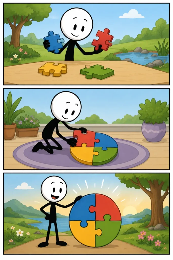 Strip over Geheel: vier losse kleurrijke puzzelstukken worden samengevoegd tot één complete ronde vorm die trots als geheel wordt getoond.