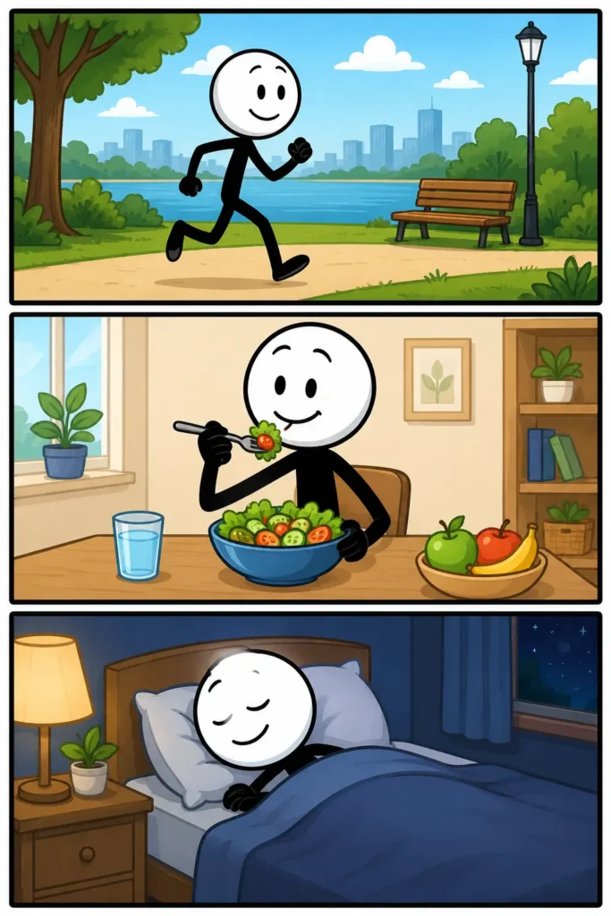 Strip over gezondheid met drie momenten: hardlopen in een groen park, een gezonde maaltijd eten en ontspannen slapen voor voldoende herstel.