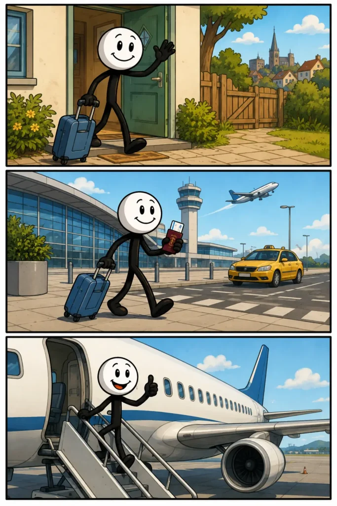 Goeie reis! Een stripafbeelding met drie panelen waarop een stickman met een koffer afscheid neemt, naar het vliegveld reist en vrolijk aan boord van een vliegtuig gaat voor een nieuwe reis.