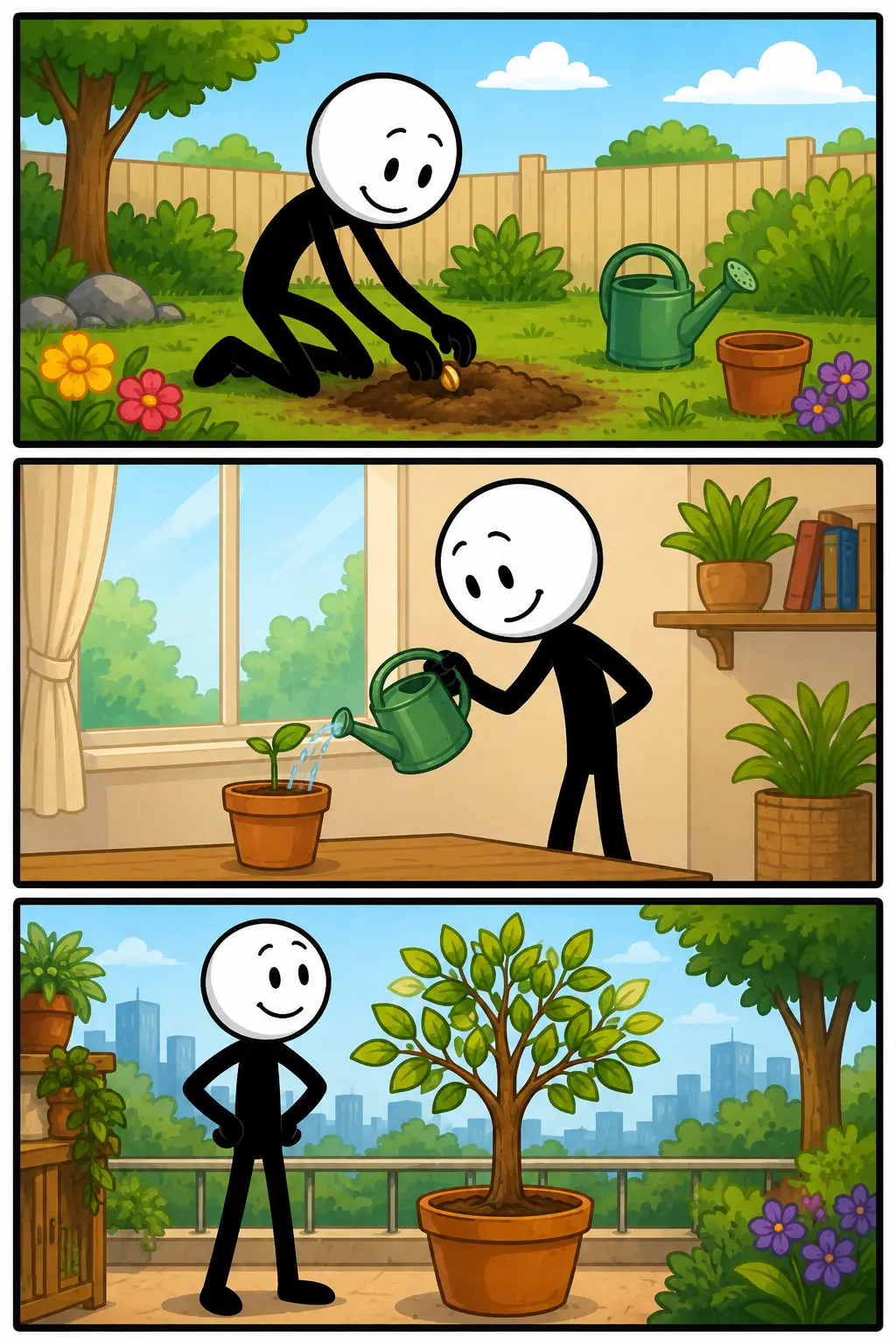 Strip over groei waarin een zaadje wordt geplant en verzorgd, waarna het uitgroeit tot een grote, gezonde en groene boom.
