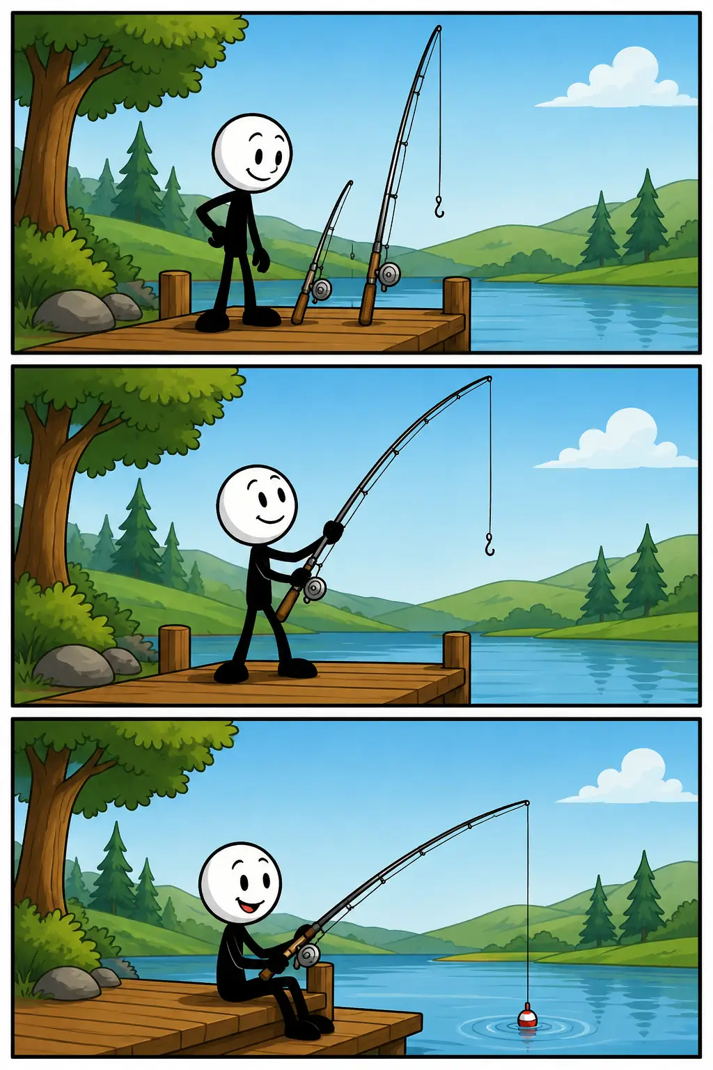 Strip over grootte waarin een figuur aan een meer twee hengels van verschillende afmetingen vergelijkt, de grootste hengel optilt en ermee gaat vissen.