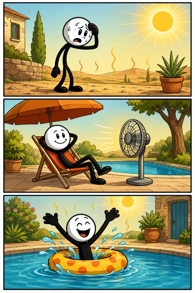 Het is hier bloedheet: een stripafbeelding met drie panelen waarop een stickman eerst zucht onder de felle hitte, daarna verkoeling zoekt in de schaduw met een ventilator en uiteindelijk vrolijk afkoelt in een zwembad op een warme zomerdag.
