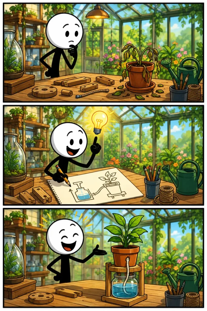 Een idee ontstaat wanneer een nadenkende figuur tussen planten en bouwmaterialen een slim zelfwateringssysteem voor een plant bedenkt en uitvoert.