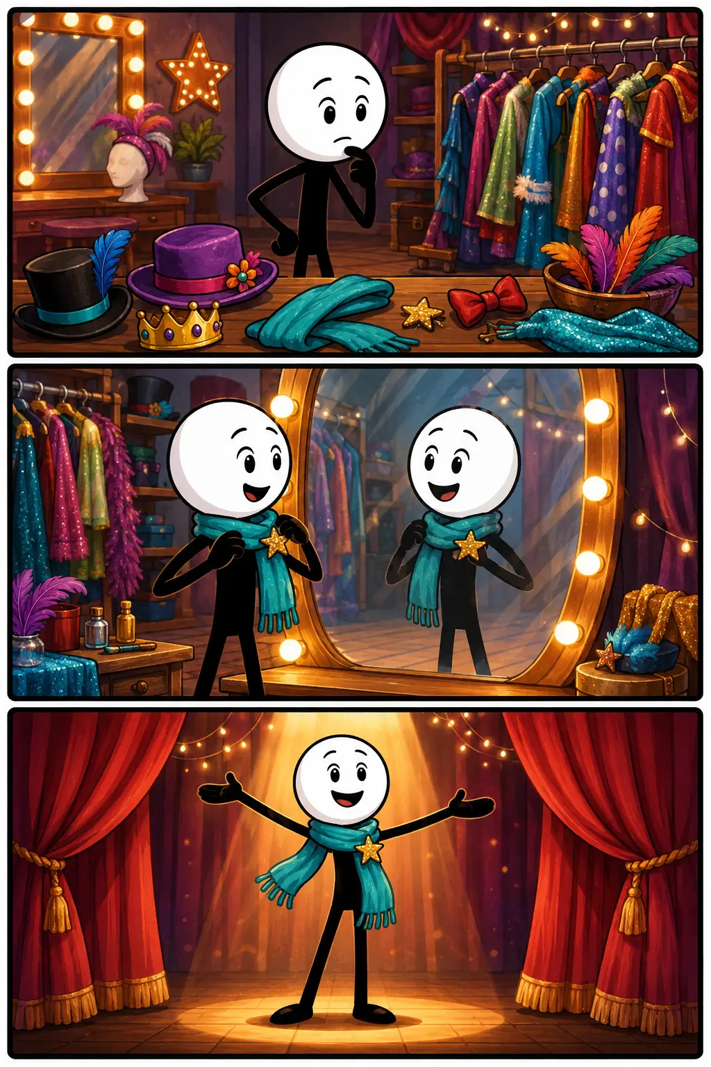 Identiteit wordt verbeeld door een figuur die verschillende accessoires bekijkt, een persoonlijke keuze maakt en daarna zelfverzekerd op het podium staat.