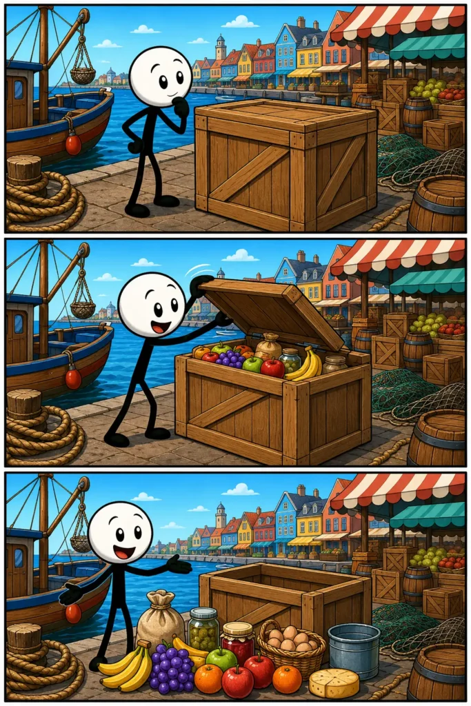 De inhoud van een grote houten kist wordt op een zonnige havenkade ontdekt, uitgepakt en overzichtelijk ernaast uitgestald.