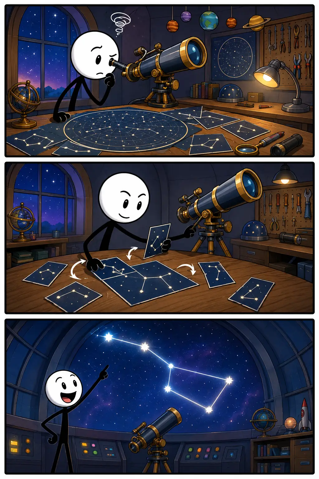 Een driedelige strip over inzicht waarin onderzoek naar sterren stap voor stap leidt tot een helder ontdekte samenhang.