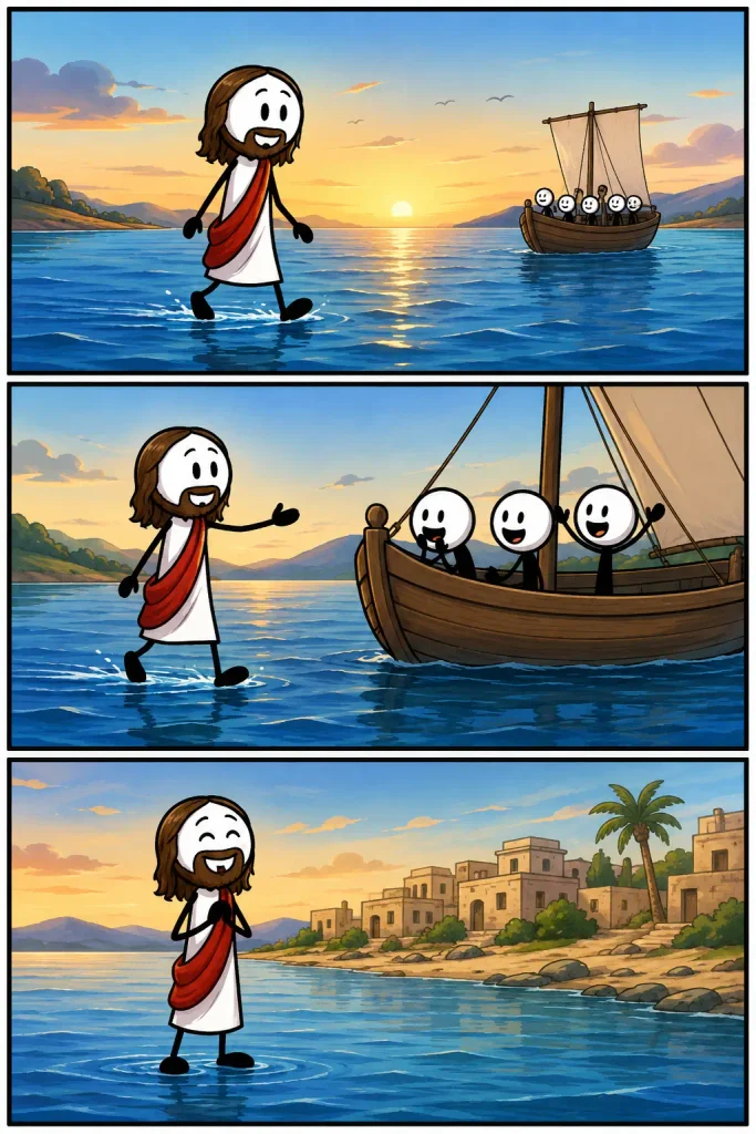 Jezus loopt over het meer terwijl zijn leerlingen vanuit een boot vol verwondering naar hem kijken.
