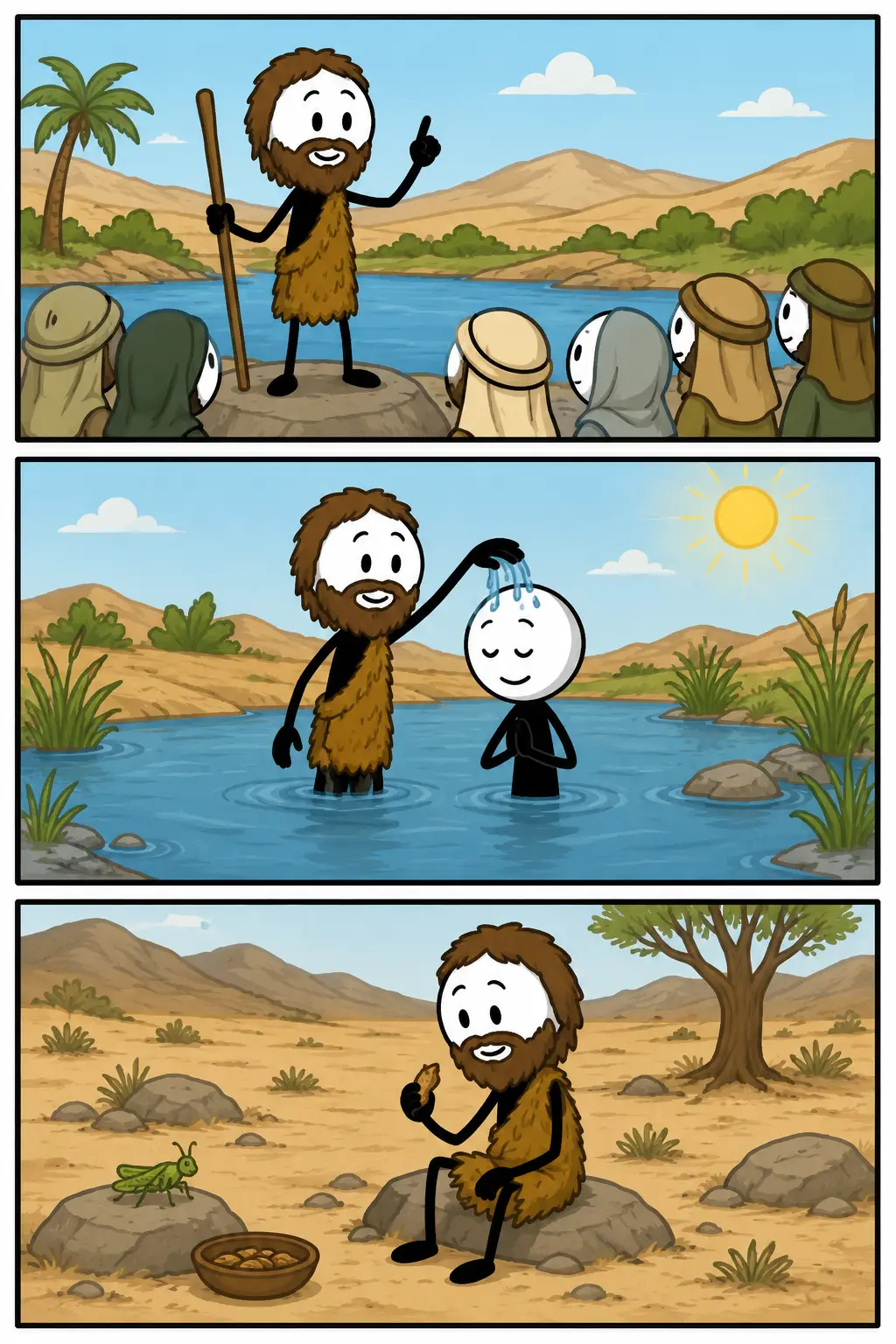 Een kleurrijke strip over Johannes de Doper, die bij een rivier predikt, iemand in het water doopt en daarna eenvoudig leeft en voedsel eet in de woestijn.
