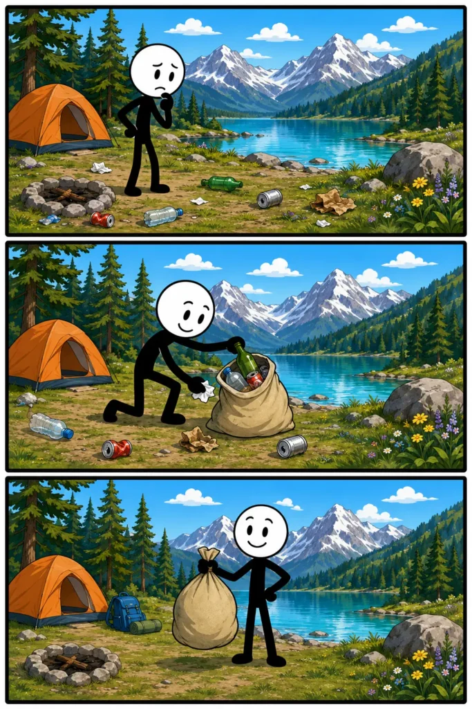 Strip over karakter met drie panelen: een bezorgde figuur ruimt afval op en laat een schoon berglandschap achter.