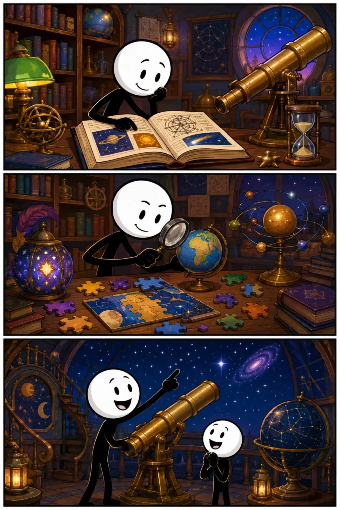 Strip met drie panelen over kennis: informatie bestuderen, ontdekkingen onderzoeken en opgedane inzichten enthousiast met een ander delen.
