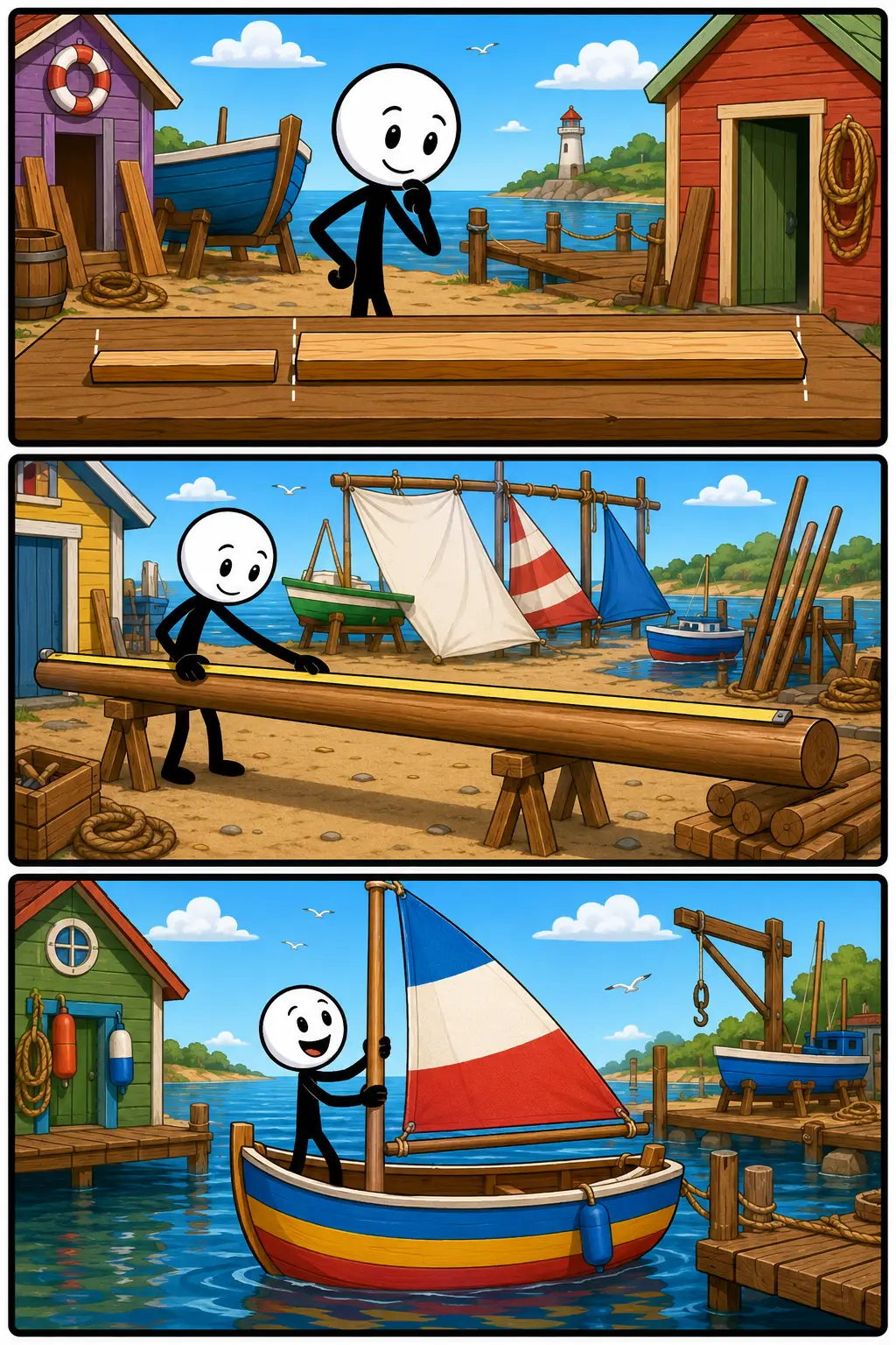 Strip met drie panelen over lengte: planken vergelijken, een lange mast opmeten en de passende mast op een zeilboot plaatsen.