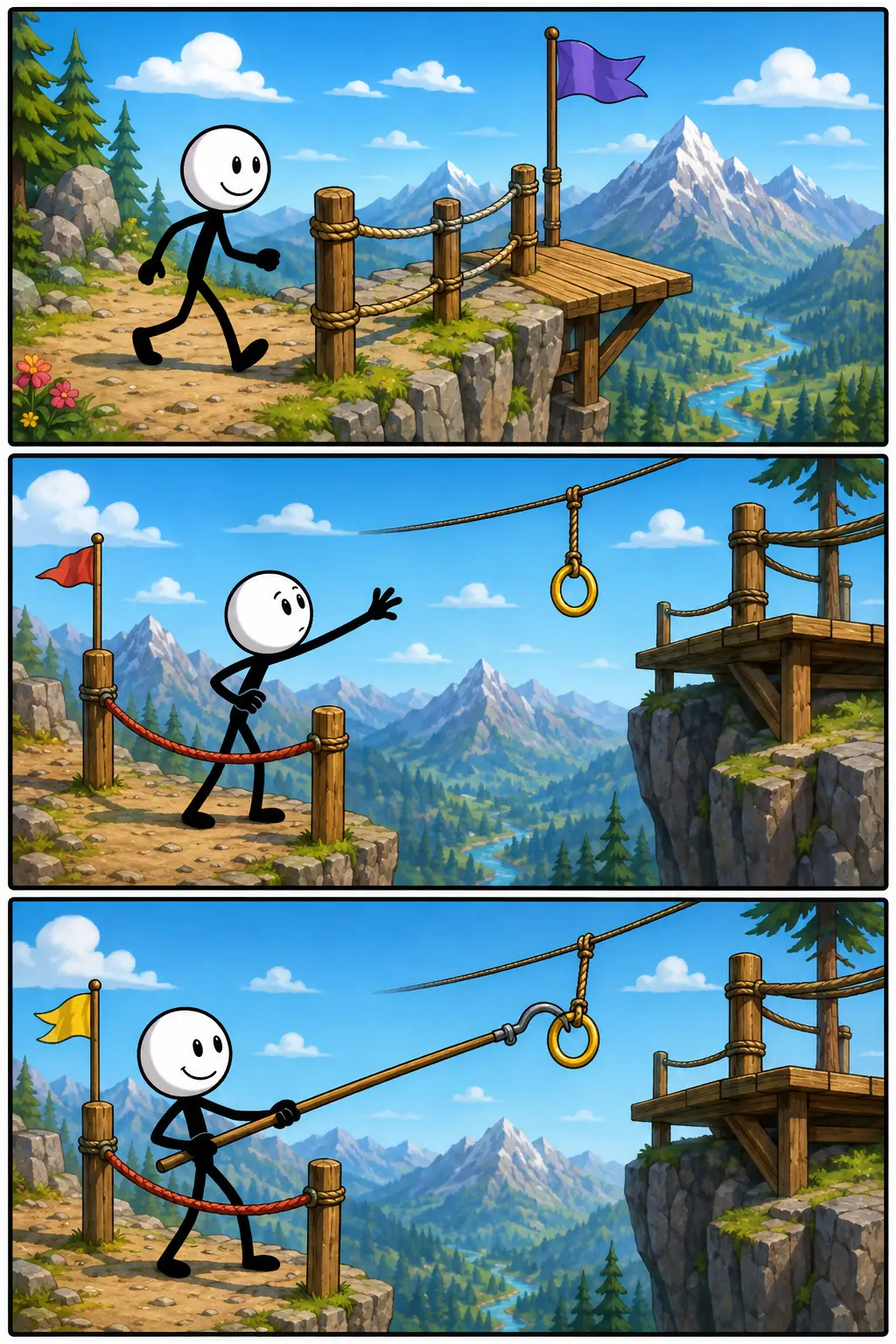 Strip met drie panelen over een limiet: een afzetting bereiken, een onbereikbare ring ontdekken en die veilig met een hulpmiddel pakken.