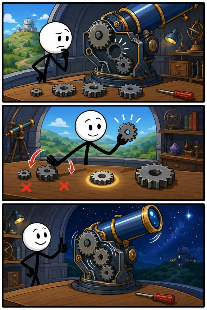Logica in een driedelige strip waarin een figuur tandwielen vergelijkt, het passende exemplaar kiest en daarmee een telescoop laat werken.
